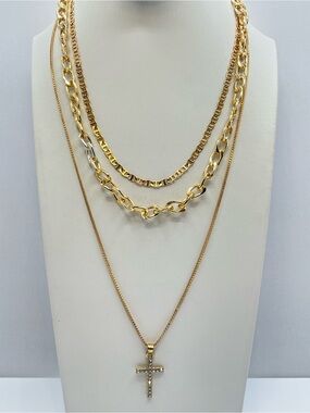 Gold Tone Layered Chain Crystal Cross Necklace Statement